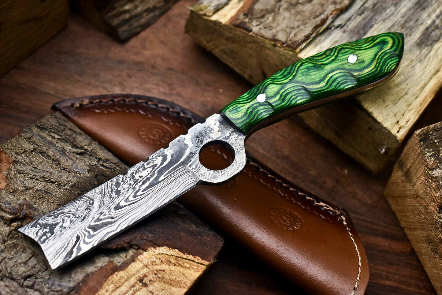 HS-1000 | Custom Handmade Damascus Steel Bull Cutter Knife - Beautiful Hard Wood Handle