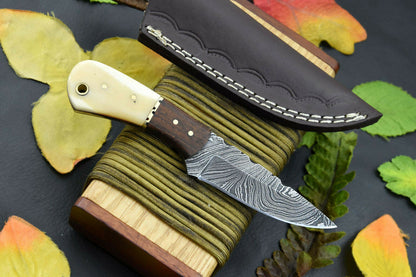 HS-850 Custom Handmade Damascus Skinner Knife With Wood and BoneHandle