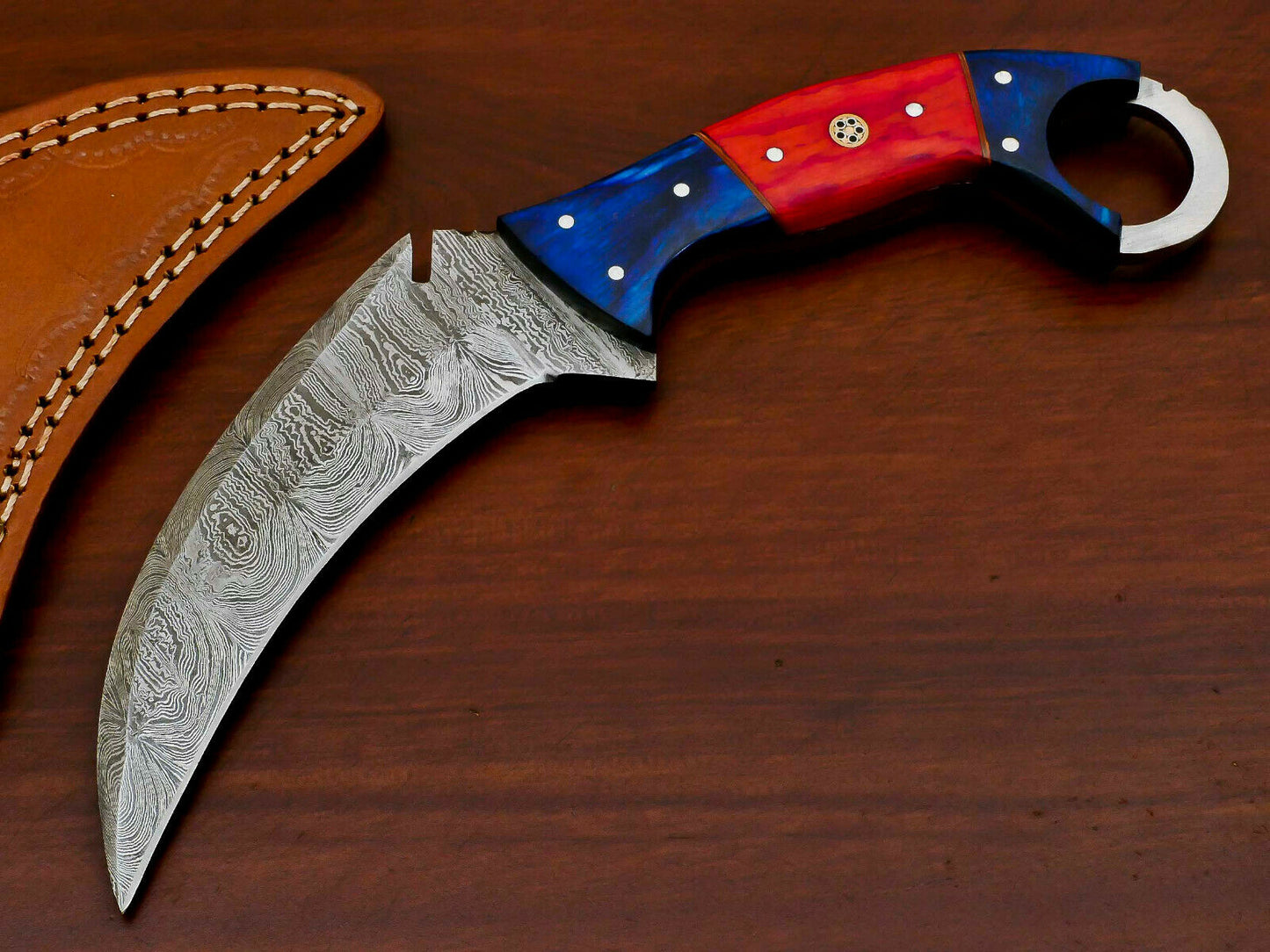 HS-886 HANDMADE DAMASCUS CUSTOM PAKKA WOOD KARAMBIT HUNTING KNIFE
