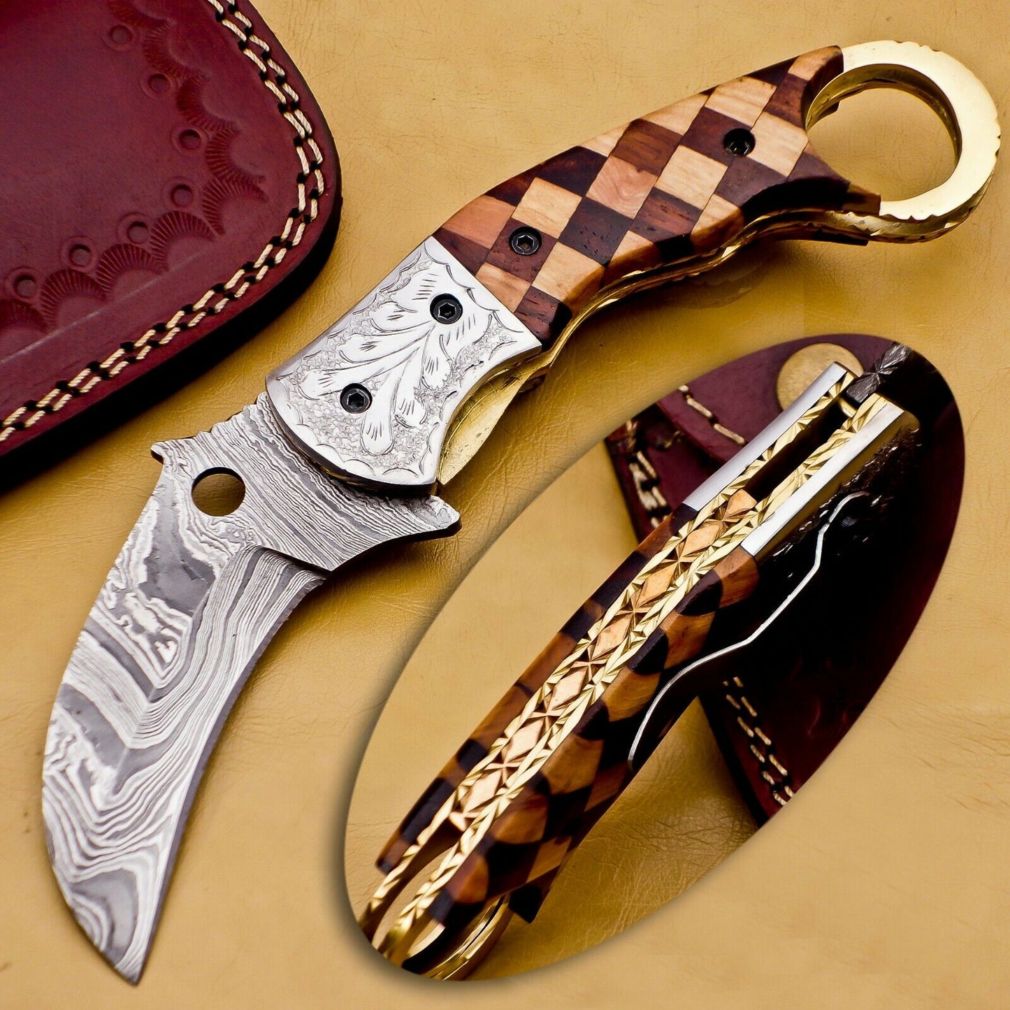 Custom Handmade Damascus Folding-Pocket Engraved Knife With Wood Handle & Pocket Clip