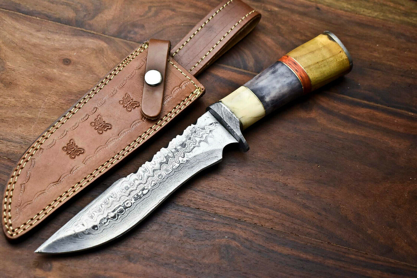 HS-325 | Custom Handmade Damascus Steel Bowie/Hunting Knife - Colour Camel Bone Handle