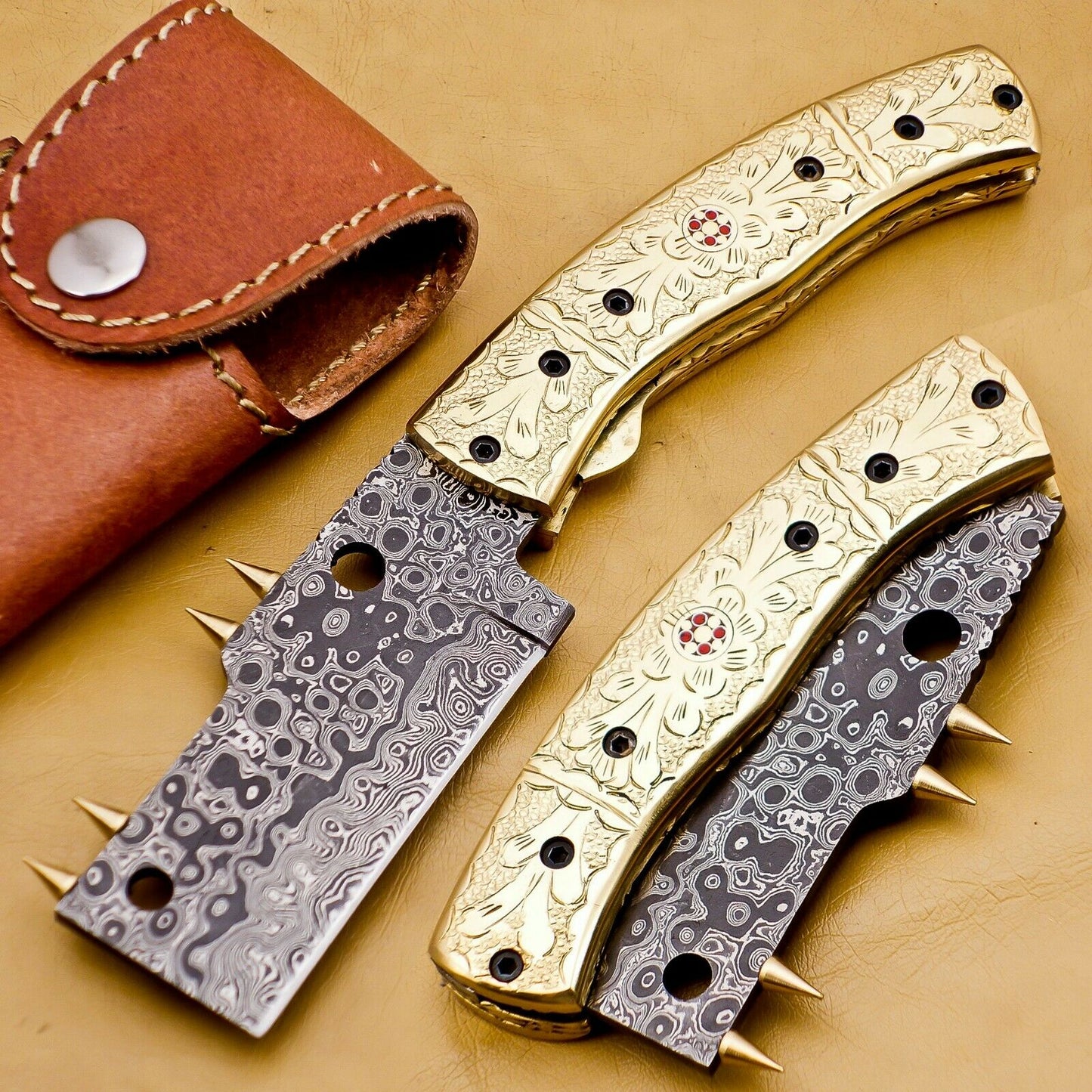 Custom Handmade Damascus Folding-Pocket Knife With Brass Engraved Handle