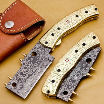 Custom Handmade Damascus Folding-Pocket Knife With Brass Engraved Handle