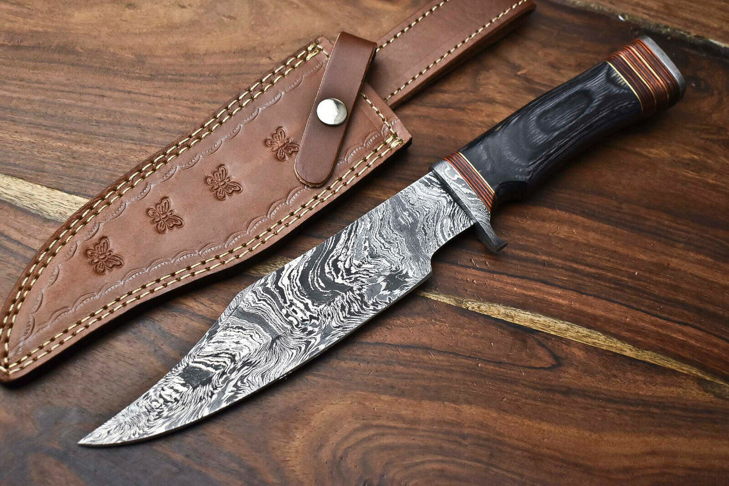 HS-317 Custom Hand Made Damascus Steel Blade Bowie Hunting Knife | HARD WOOD