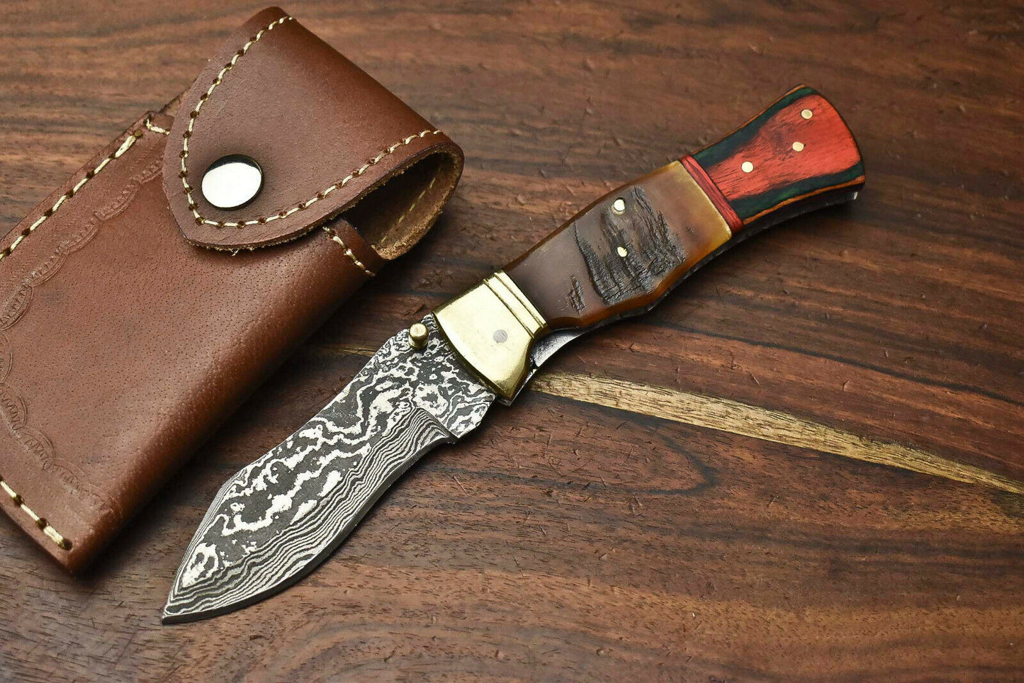 HS-1139 Custom Handmade Damascus Steel Blade Liner-Lock Pocket Folding Knife| Ram Horn