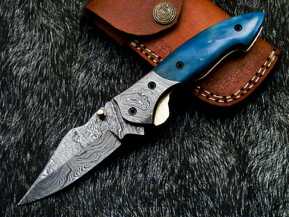 Damascus Liner Lock Pocket Knife – Camel Bone & Damascus Bolster | HS-1122
