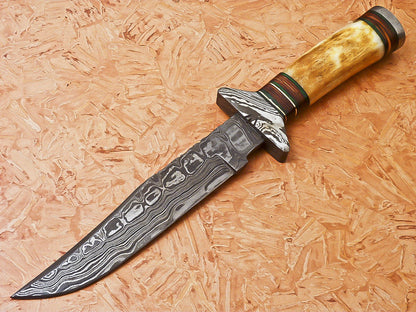Custom Handmade Damascus Hunting Knife With Bone Handle