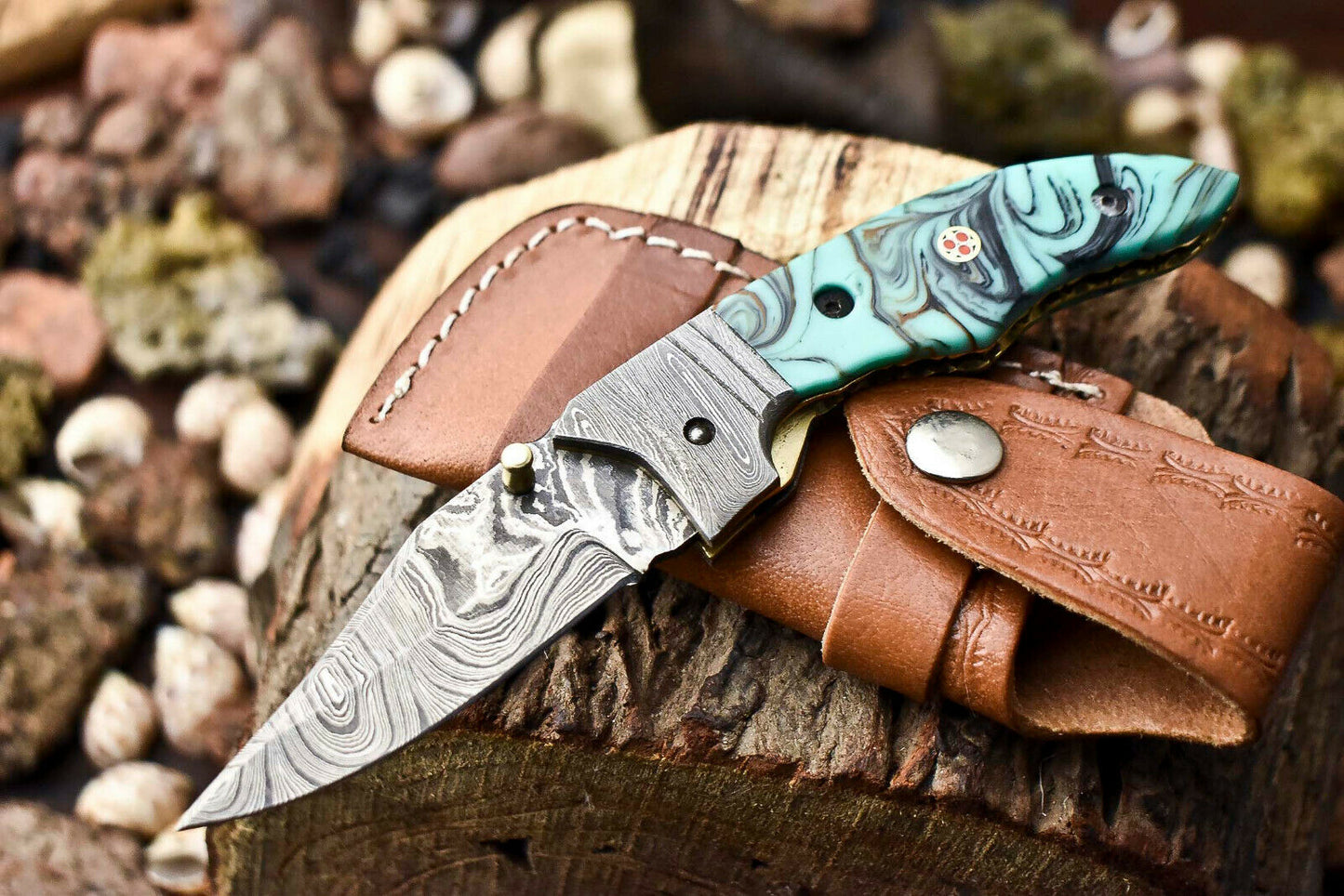 Custom Handmade Damascus Steel Pocket Folding Knife - Beautiful Resin Handle