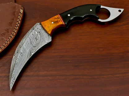 HS-884 HANDMADE DAMASCUS CUSTOM PAKKA WOOD KARAMBIT HUNTING KNIFE