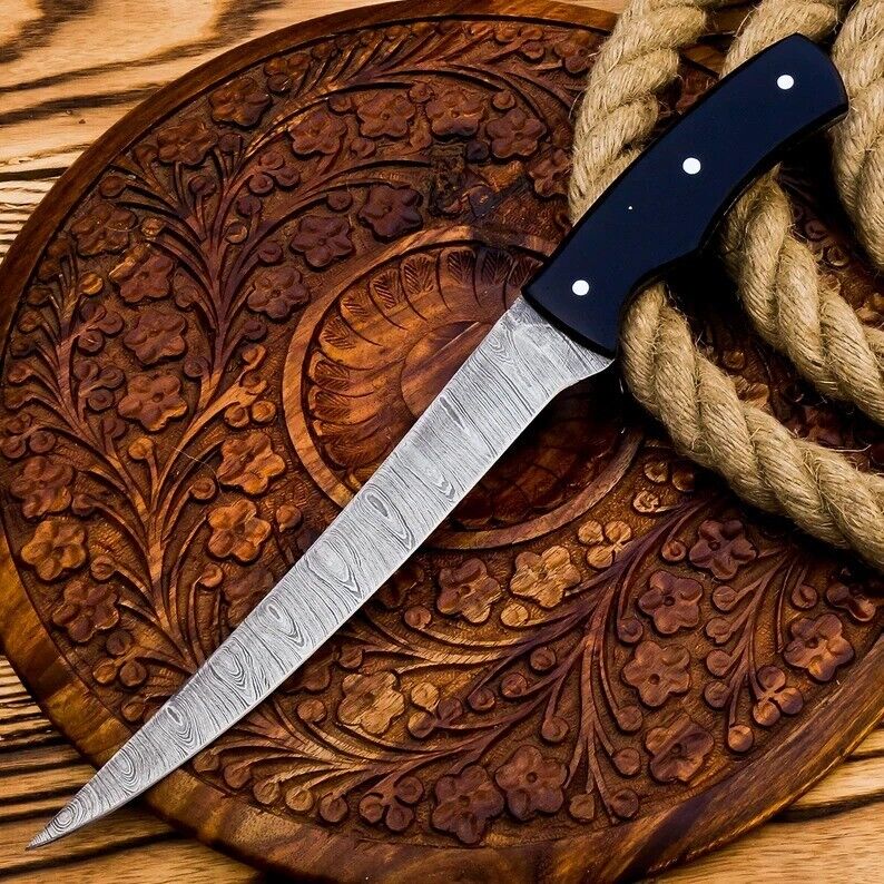 Damascus Full Tang Hunting Fillet Knife with Leather Sheath – HS-1041