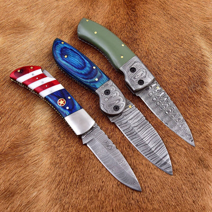 Damascus Folding Knife Set – 3 Pieces with Unique Handles | HS Deal 07