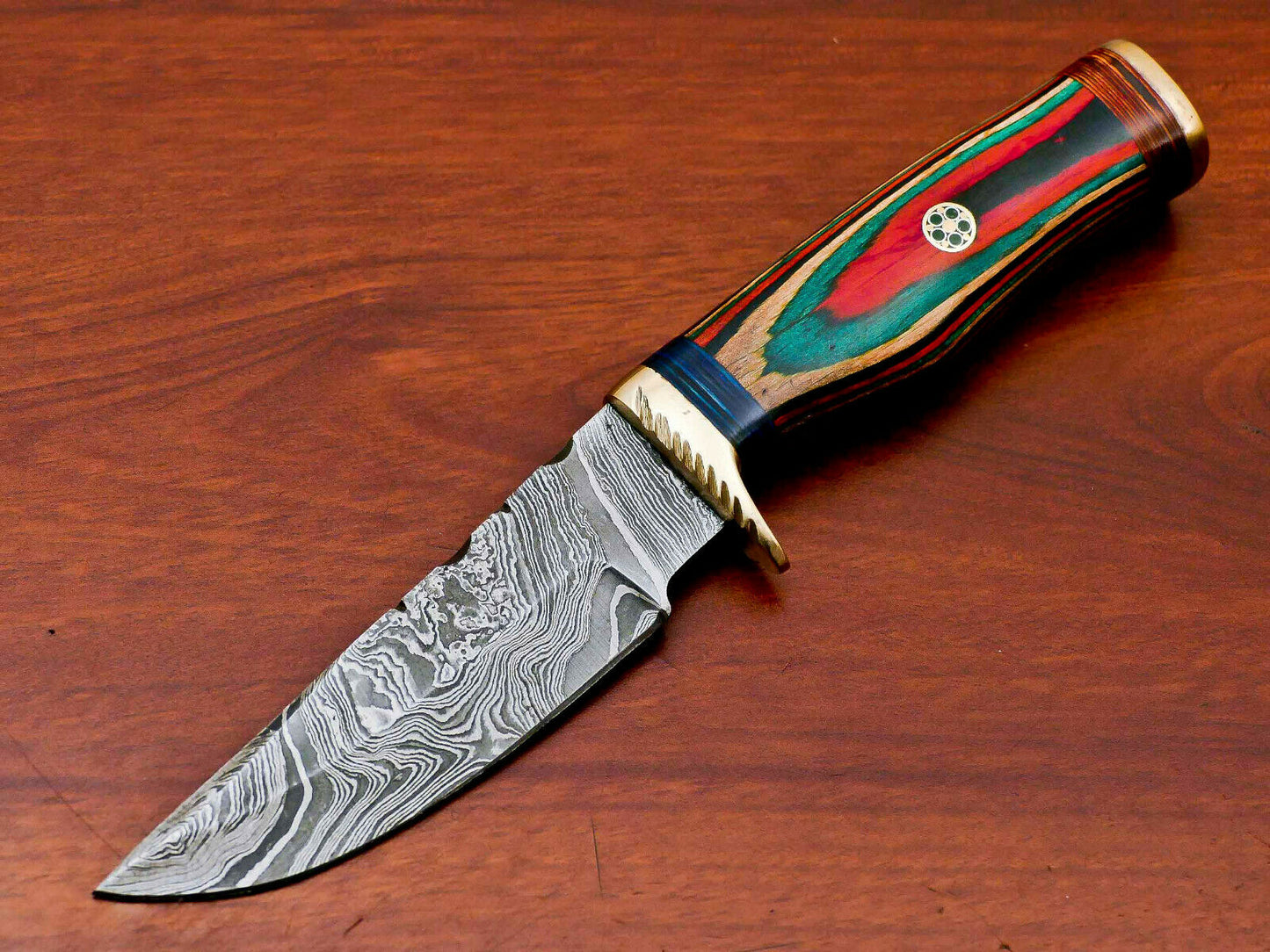 HS-508 Custom Handmade Damascus Hunting/Skinner Knife With Three Shade Colour Hard Wood Handle