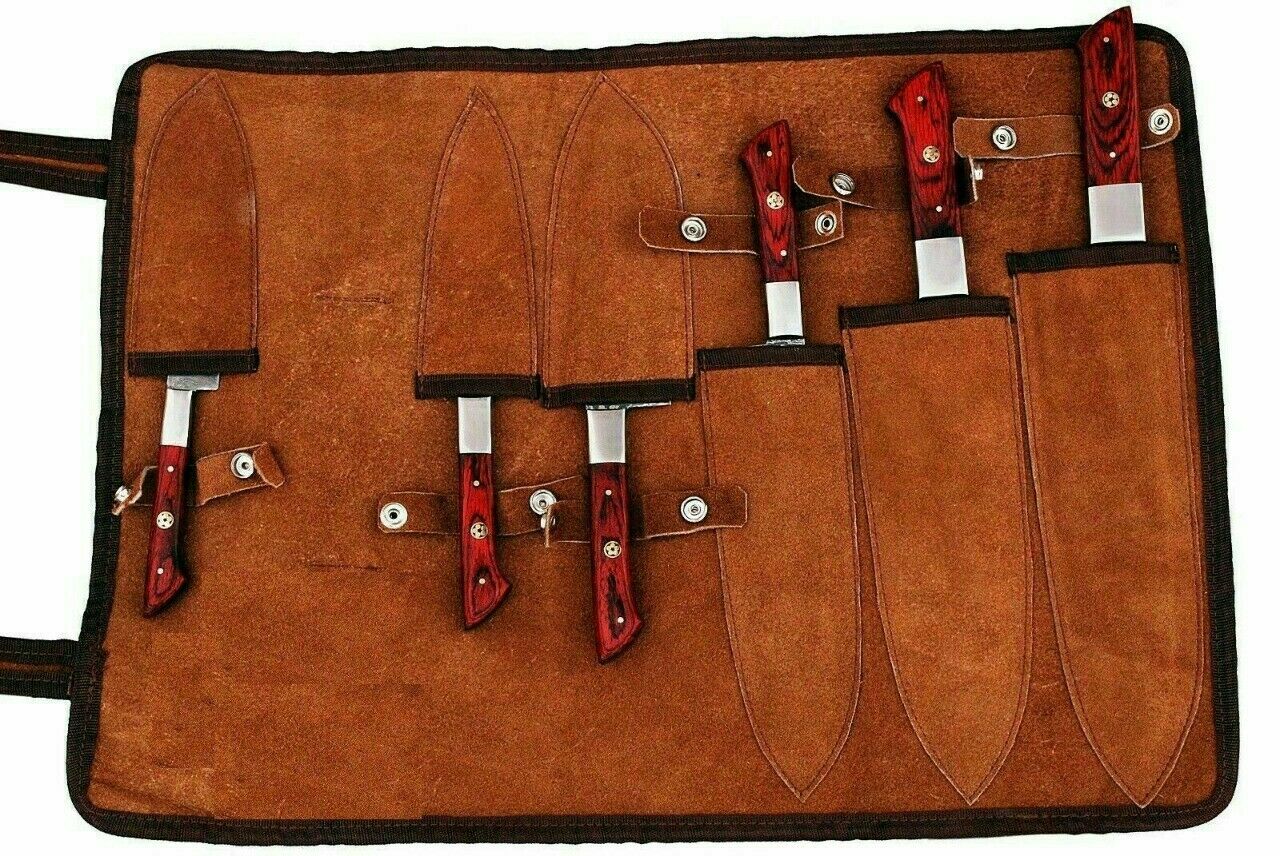 HS-225 Custom Handmade Damascus Kitchen-Chef Knives Set Lot Of Six Pecs With Wood Handle