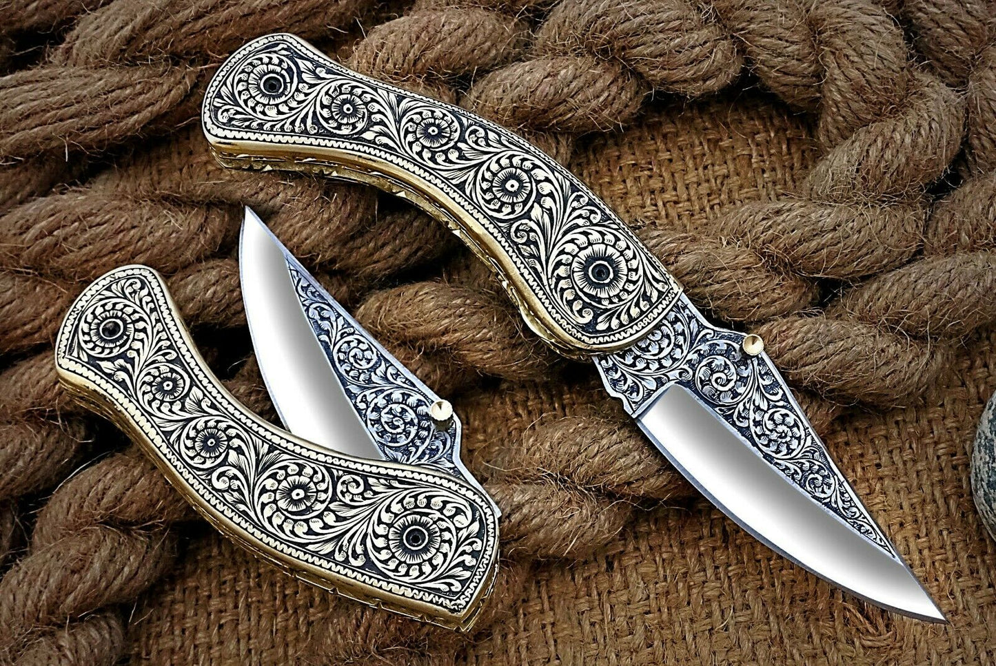 Hand Engraved Brass Handle Folding Pocket Knife — Lifetime Use