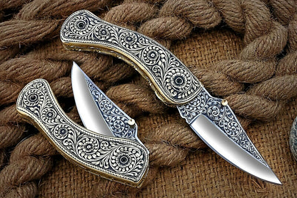 Hand Engraved Brass Handle Folding Pocket Knife — Lifetime Use
