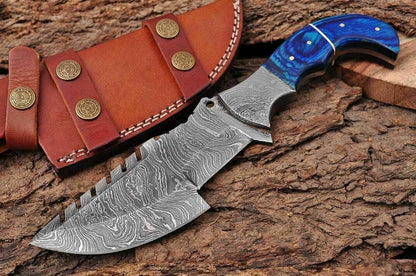 HS-933 Custom Handmade Damascus Steel Tracker-Hunting Knife With Blue Wood Handle