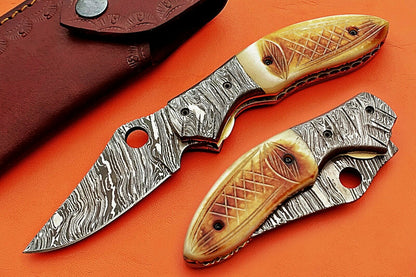Custom Handmade Damascus Folding/Pocket Knife With Engraved Camel Bone Handle