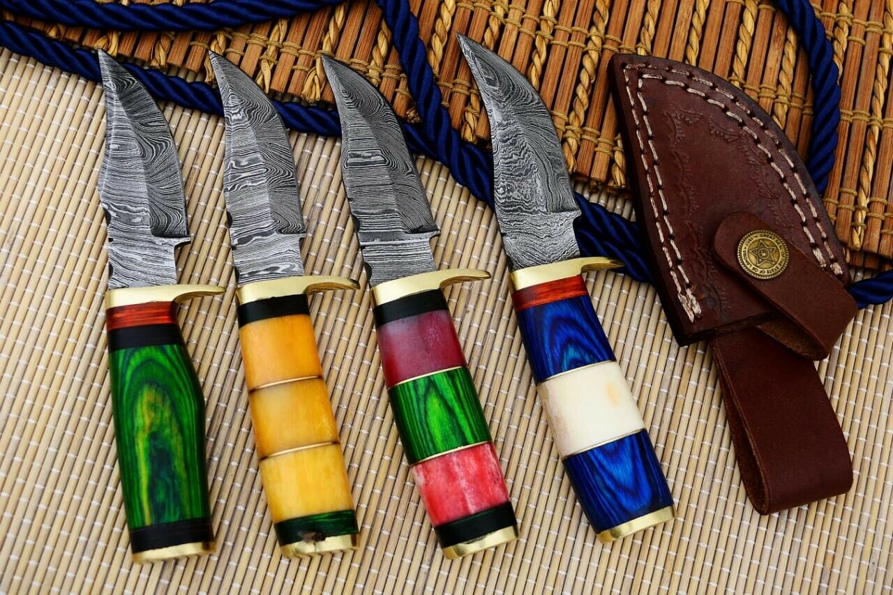 HS-804 Cutlery | Six Inch Custom Handmade Damascus Skinner Knife Lot of Four Pecs With Different Handles