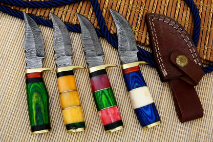 HS-804 Cutlery | Six Inch Custom Handmade Damascus Skinner Knife Lot of Four Pecs With Different Handles