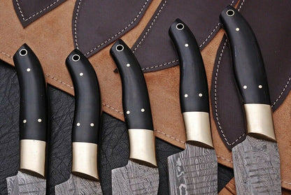 HS-202  Custom Handmade Damascus KItchen-Chef Knives Set Lot Of Five Pecs With Buffalo Horn Handle