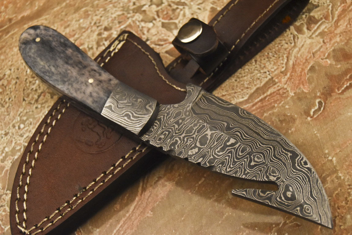 HS-841 Custom Handmade Damascus Skinner Knife With Stained Camel Bone Handle