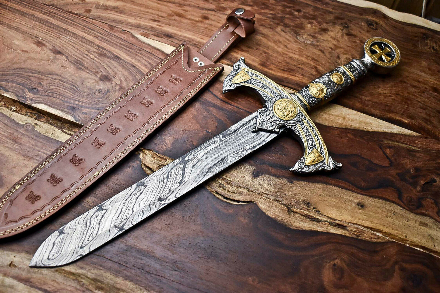 HS-1095 | 24.0" HUGE Custom Hand Made Damascus Steel Blade Dagger Sword | Pewter Handle
