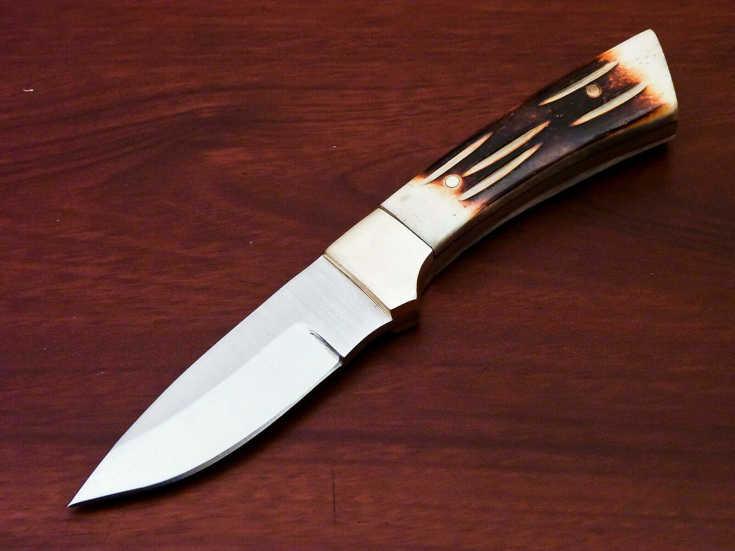 HS-807 Custom Handmade Damascus Skinner Knife With Engraved Burn Bone Handle