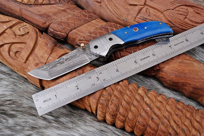Custom Handmade Damascus Steel Pocket Folding Knife - Beautiful Blue Bone Handle