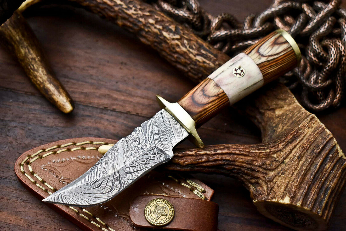 HS-413 | Custom Handmade Damascus Steel Hunting Knife - Hard Wood Handle