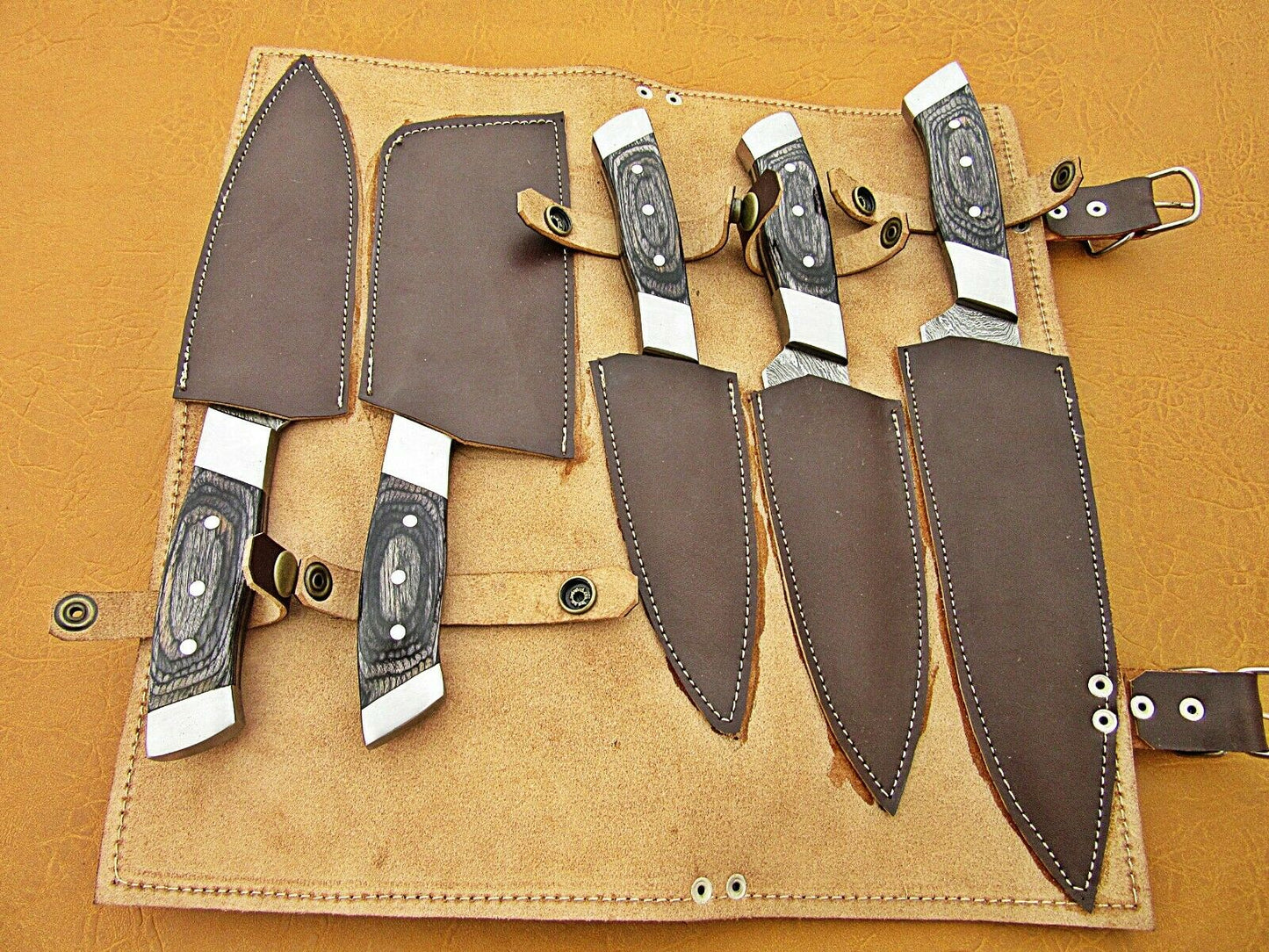HS-223 Custom Handmade Damascus Kitchen-Chef Knives Set Lot Of Five Pecs With Black Sheet Handle