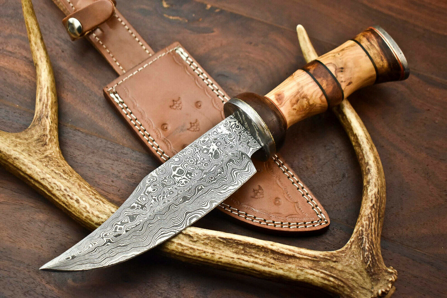 HS-401 | Custom Handmade Damascus Steel Camping Hunting Knife - Beautiful Olive Wood Handle