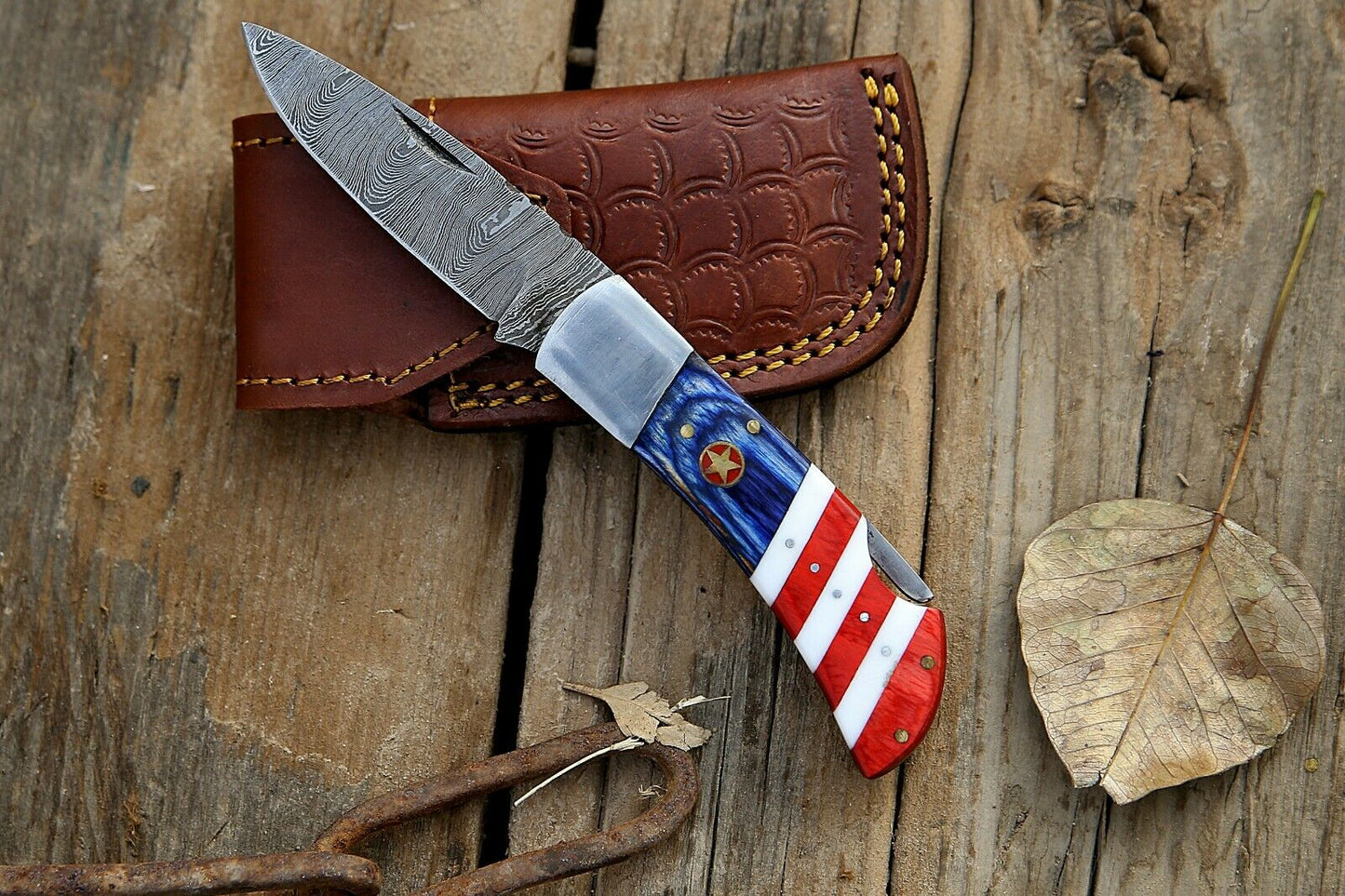 Custom Handmade Damascus Folding-Pocket Knife With American Flag Handle