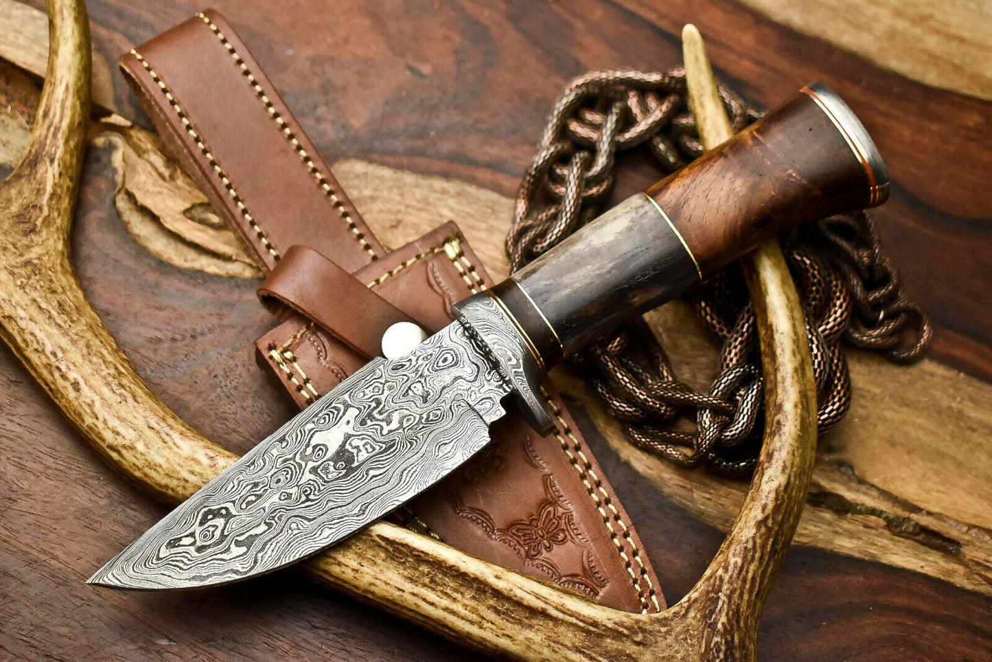 HS-404 | Custom Handmade Awesome Camel Bone/Walunt Wood Handle Damascus Steel Hunting Knife - Great Price
