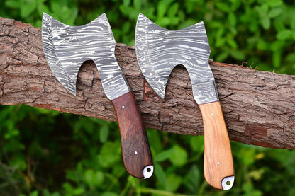 HS-1048 A Pair Of Custom Handmade Damascus Steel Viking Axe wood handle & Leather sheath