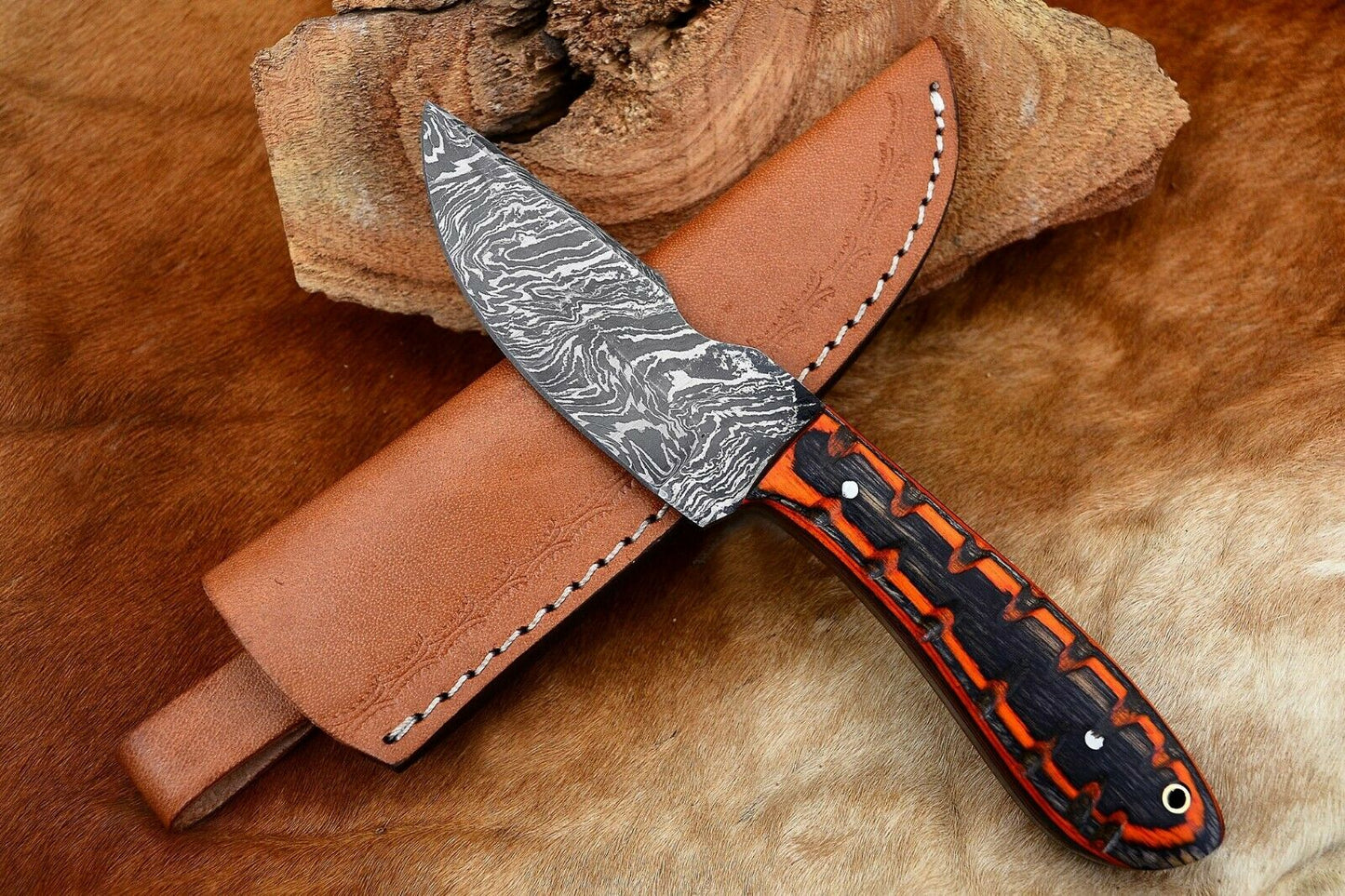 HS-799 Custom Handmade Damascus Skinner Knife With Awesome Black+Orange Hard Wood Handle