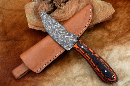 HS-799 Custom Handmade Damascus Skinner Knife With Awesome Black+Orange Hard Wood Handle
