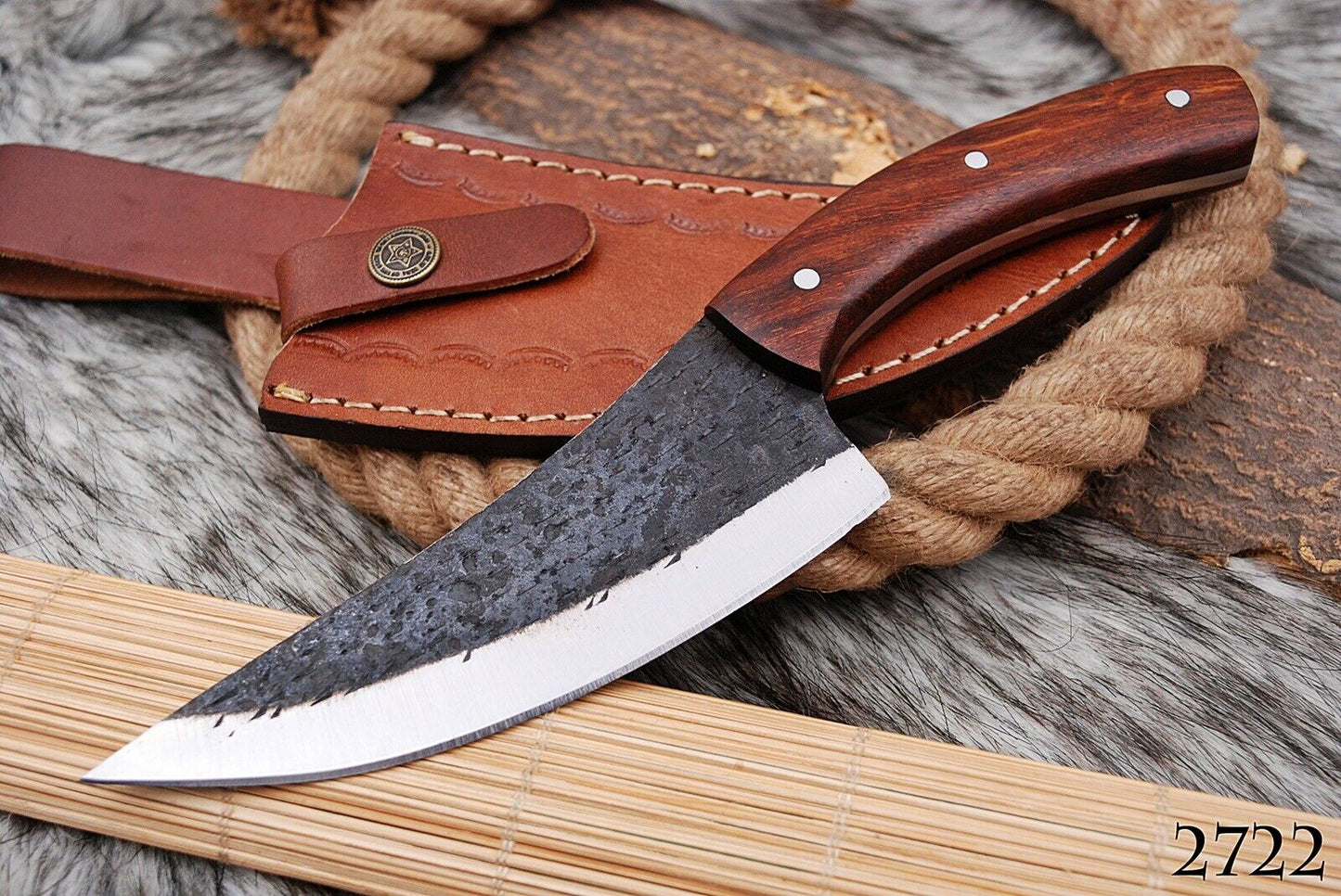 HS-441 | Custom Handmade High Carbon Railroad Steel Chef-Hunting knife - Awesome Wood Handle