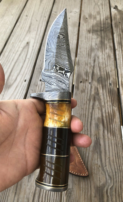 HS-460 Custom Handmade Damascus Steel Hunting Camping Best Knife - Awesome Colour Camel Bone - Very Reasonable Price