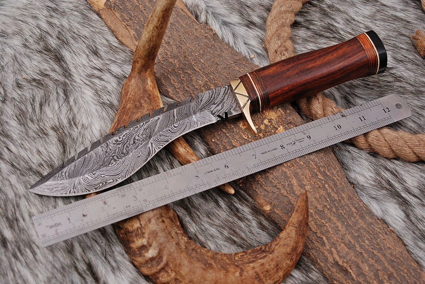 HS-872 Custom Handmade Damascus Steel 12 Inch Kukri Knife - Awesome Hard Wood Handle