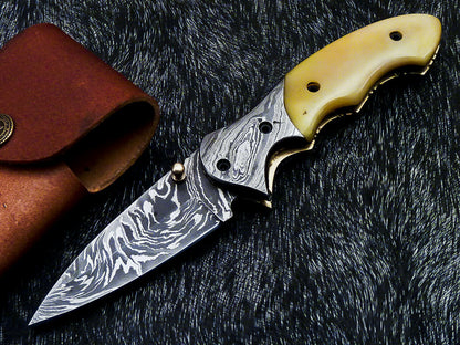 Damascus Liner Lock Folding Knife – Camel Bone | Twist Blade | HS-1124