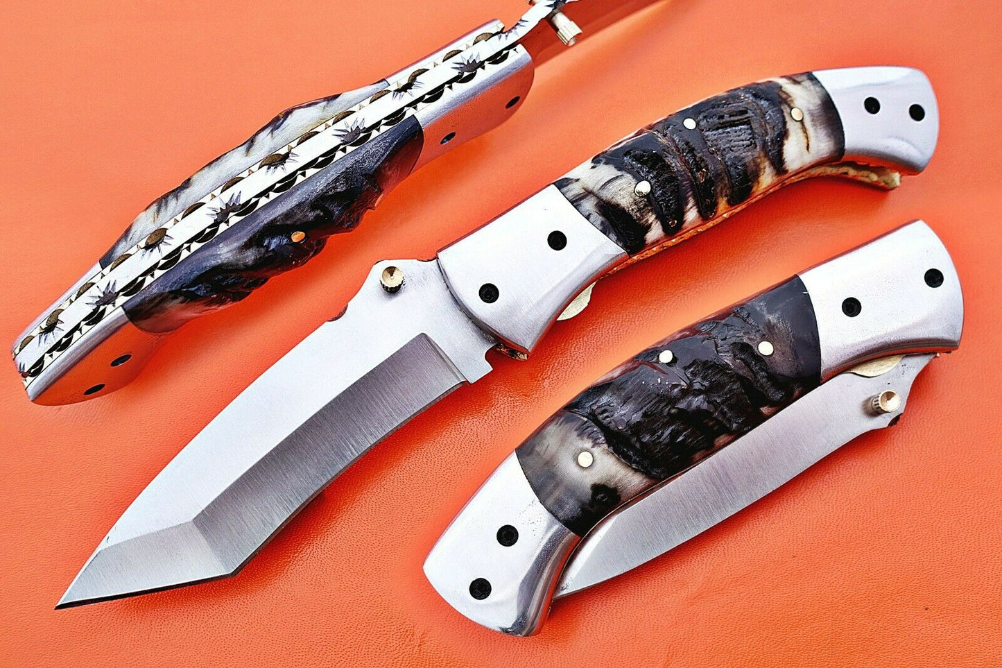 Custom Handmade Stainless Steel Bolsters Folding-Pocket Knife With Ram Horn Handle