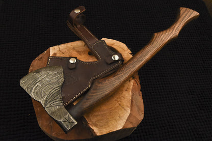 HS-1081 | Custom Handmade Damascus Hand Forged Tomahawk knife, Hatchet, Axe,Integral Natural Wood