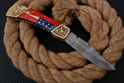 Custom Handmade Damascus Pocket Knife + Engraved Bolster And Wood Handle
