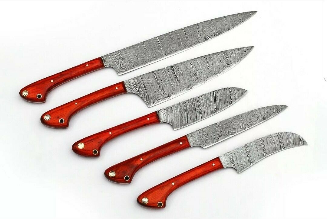 HS-229 Custom Handmade Damascus Kitchen-Chef Knives Set Lot Of Five Pecs With Wood Handle
