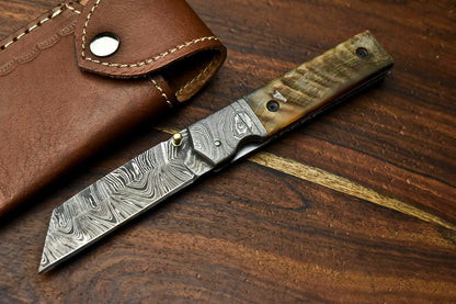 HS-1137 Custom Handmade Damascus Steel Blade Liner-Lock Pocket Folding Knife| RAM'S HORN