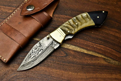 HS-1138 Custom Handmade Damascus Steel Blade Liner-Lock Pocket Folding Knife| RAM'S HORN