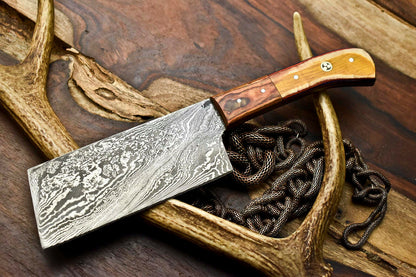 HS-278 Hand Made Damascus Steel Blade Chopper Cleaver Knife Full Tang Knife | Hard Wood