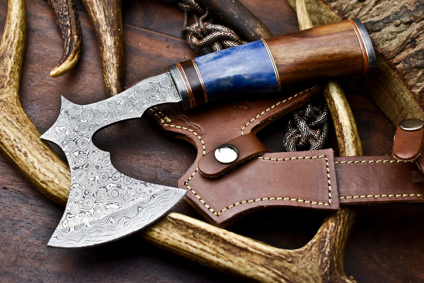 HS-1057 | Custom Hand Made Damascus Blade Hunting Hatchet Mini Viking Axe | Camel Bone & Wood