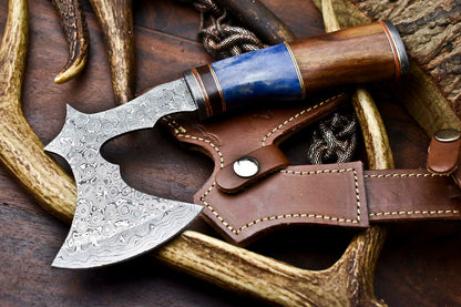 HS-1057 | Custom Hand Made Damascus Blade Hunting Hatchet Mini Viking Axe | Camel Bone & Wood
