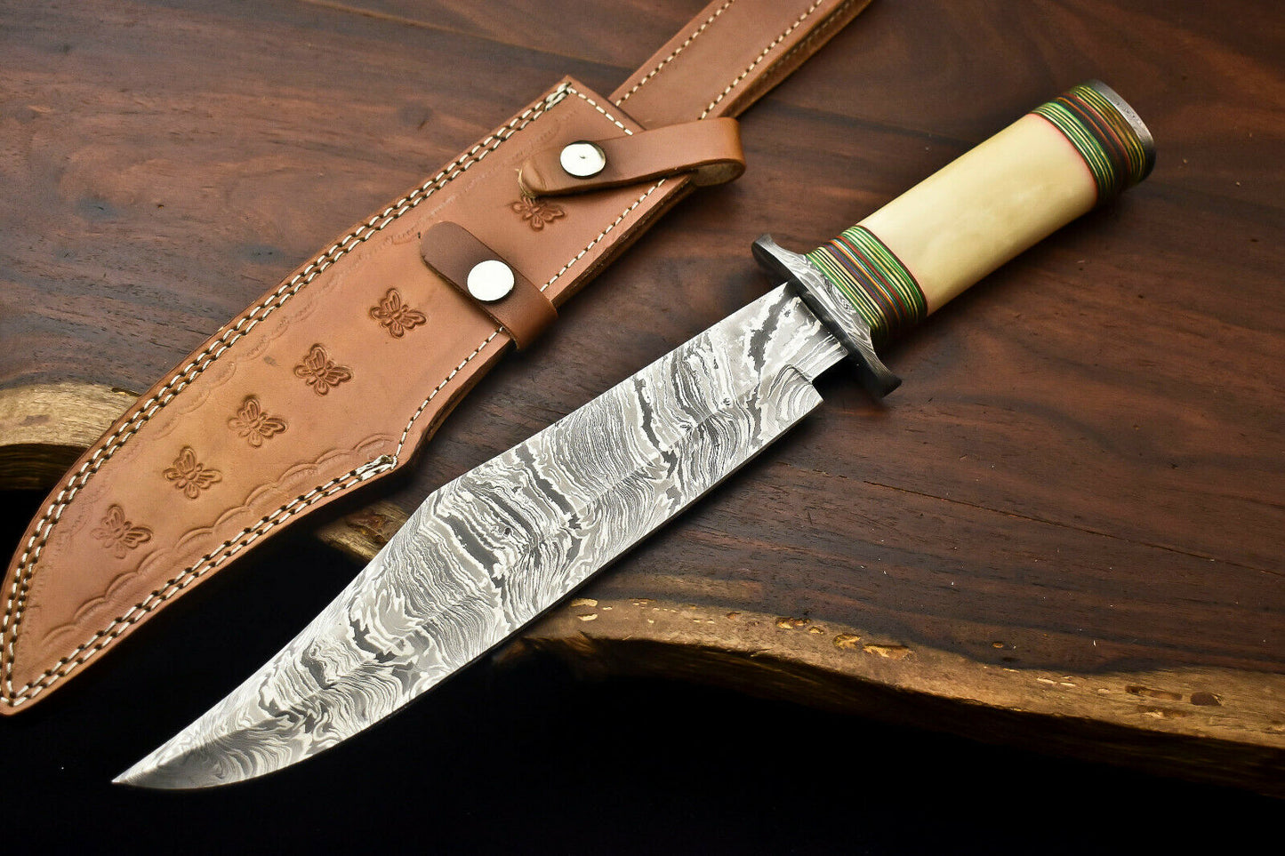 HS-335 | Custom Handmade Damascus Steel Hunting Bowie Knife - Camel Bone Handle